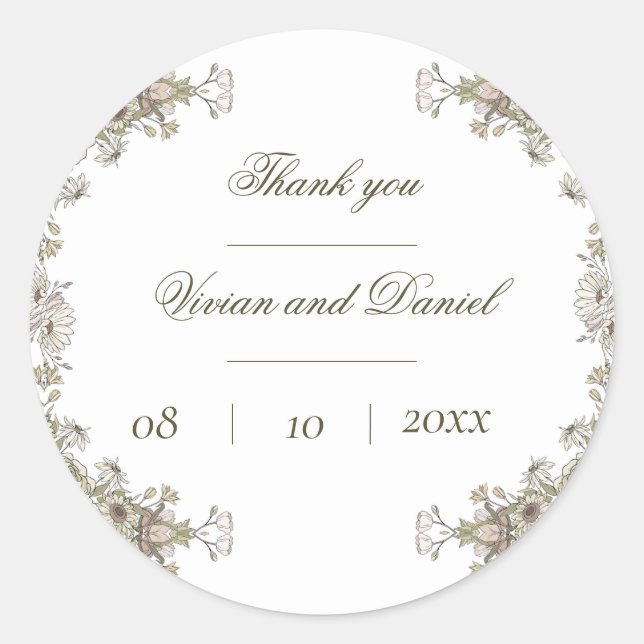 Rond Élégant Sticker en Merci de Mariage Floral Rustiqu (Devant)
