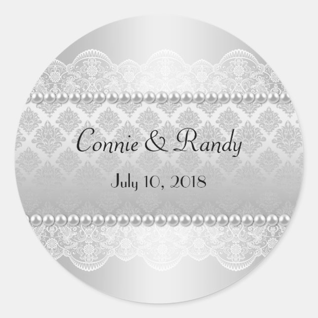 Rond Élégant Sticker Mariage Argent Monogramme avec Pea (Devant)