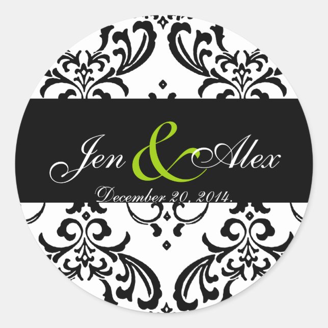 Rond Élégant Sticker Mariage damassé Blanc Noir Vert (Devant)