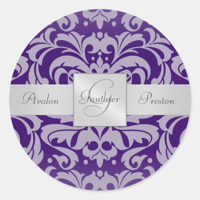 Rond Élégant Sticker Mariage de monogramme pourpre (Devant)