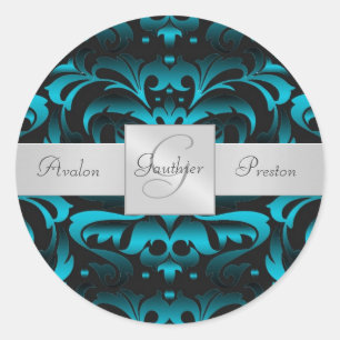 Rond Élégant Sticker Mariage de monogramme Turquoise fo