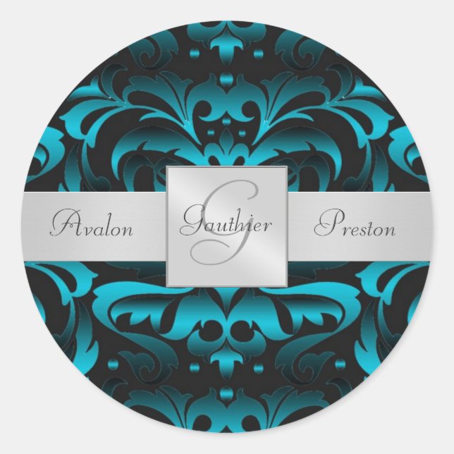 Rond Élégant Sticker Mariage de monogramme Turquoise fo (Devant)