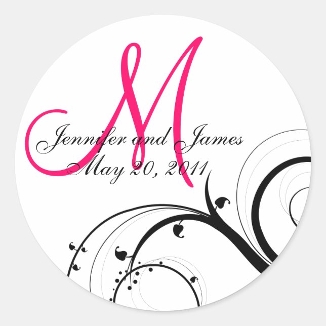 Rond Élégant Sticker Mariage Monogram Hot Pink (Devant)