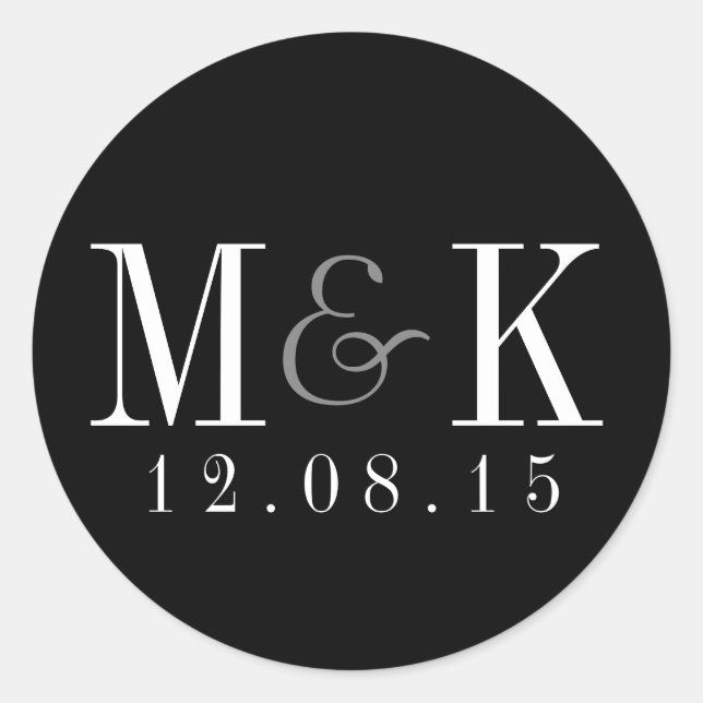 Rond Élégant Sticker Mariage Monogramme noir blanc (Devant)