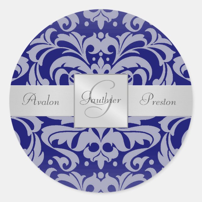 Rond Élégant Sticker Mariage Royal Blue Damask Monogram (Devant)