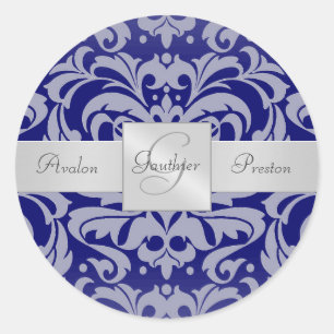 Rond Élégant Sticker Mariage Royal Blue Damask Monogram