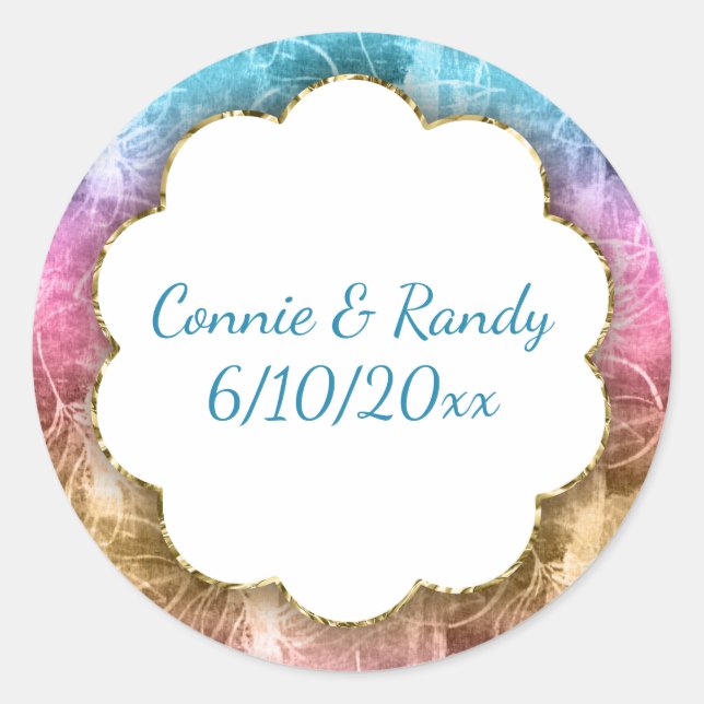 Rond Élégant Sticker Mariage Turquoise violet or (Devant)