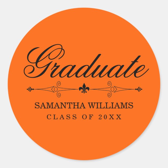 Rond Élégant Sticker Orange Graduation avec texte noir (Devant)