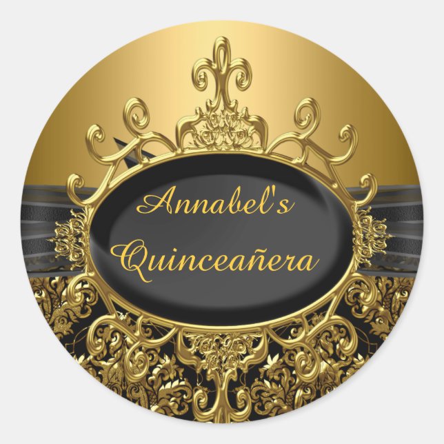 Rond Élégant Sticker Quinceanera Black & Gold Damask (Devant)
