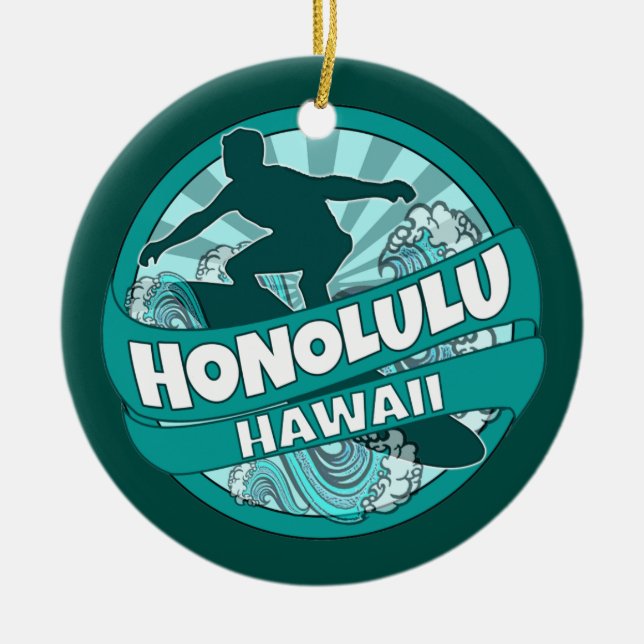 Rond En Céramique Honolulu Hawaii turquoise surfer logo ornement (Devant)