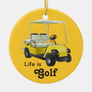 Rond En Céramique La vie est ornement de jaune de chariot de golf de