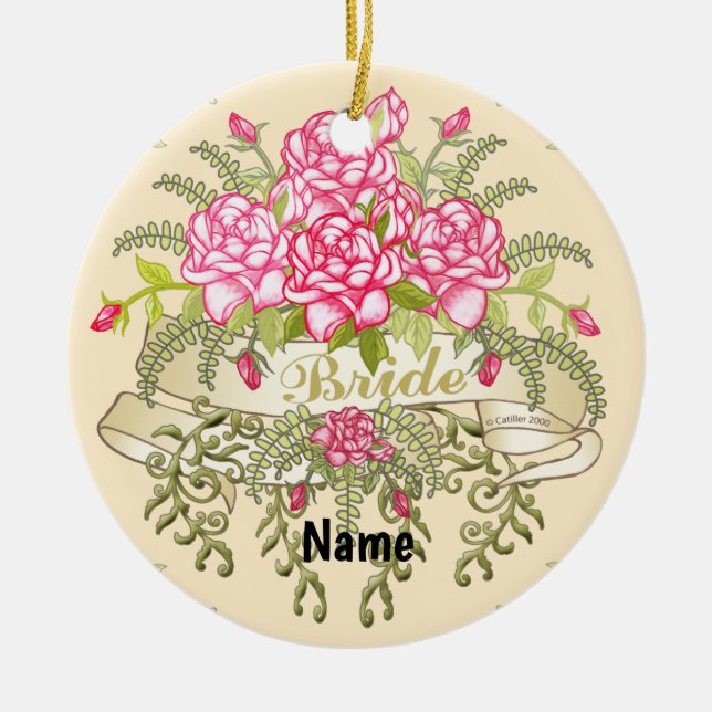 Rond En Céramique Mariée rose ornement de mariage personnalisé (Devant)