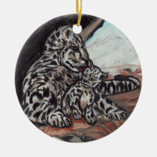 ROND EN CÉRAMIQUE NEIGE LEOPARD MÈRE ET ORNEMENT CUB
