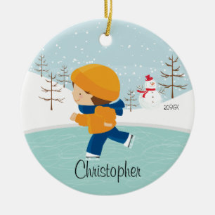 Rond En Céramique Ornement daté de Noël de garçon de patineur de