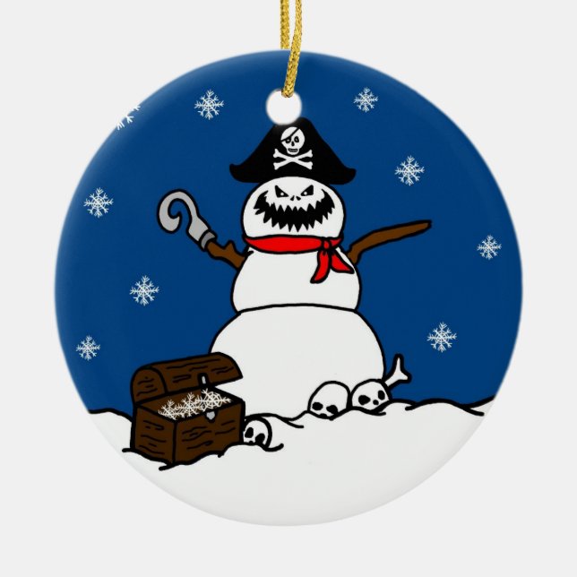 Rond En Céramique Ornement de bonhomme de neige de pirate de Noël (Devant)