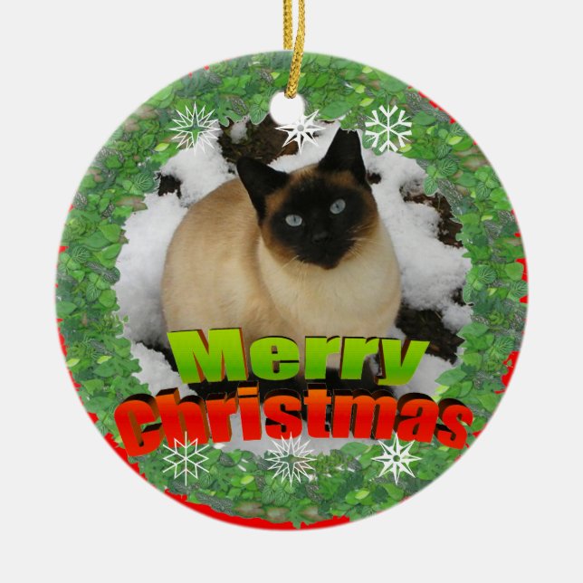 Rond En Céramique Ornement de cadre de photo de chat de neige de (Devant)