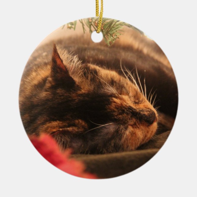 Rond En Céramique Ornement de chat de calicot de Noël (Devant)