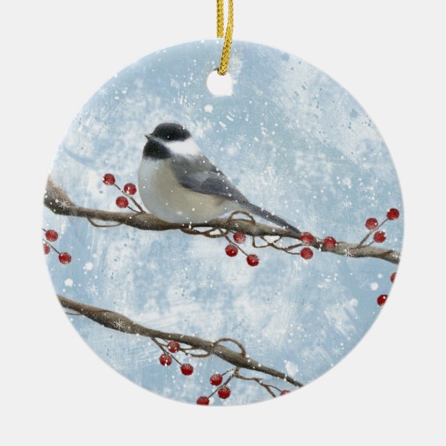 Rond En Céramique Ornement de Chickadee d'hiver (Devant)