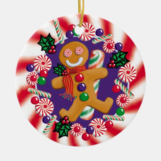 ROND EN CÉRAMIQUE ORNEMENT DE GINGERBREAD-CANDY (Devant)