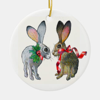 Rond En Céramique Ornement de lièvres de Noël