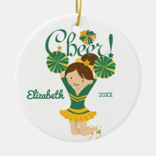 Rond En Céramique Ornement de pom-pom girl brune Vert & Or