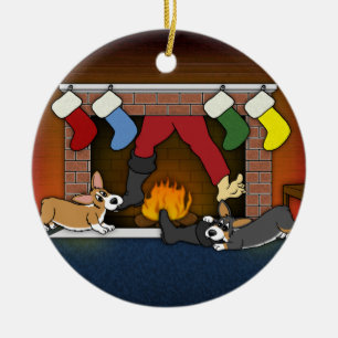 Rond En Céramique Ornement drôle de Corgis de cheminée de Noël
