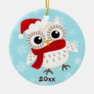 Rond En Céramique Ornement mignon de Noël de hibou de neige