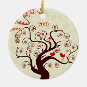 Rond En Céramique Ornement photo de Noël des oiseaux rouges Swirl Tr