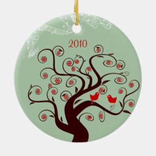 Rond En Céramique Ornement photo de Noël des oiseaux rouges Swirl Tr