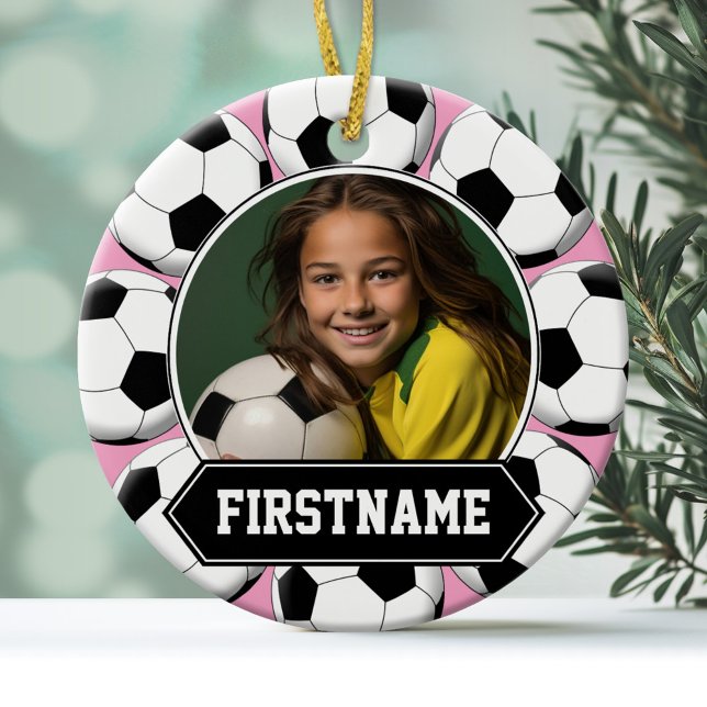 Rond En Céramique Ornement photo de soccer pour la jeunesse (A soccer ornament with a place to add a photo and name)