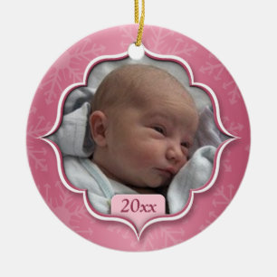 Rond En Céramique Ornement rose de photo de premier Noël du bébé