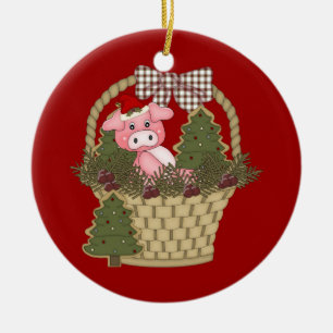 Rond En Céramique Porc de Noël dans un ornement de panier