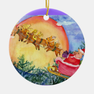 Rond En Céramique Porc de Père Noël et ornement de renne