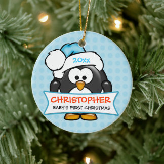Rond En Céramique Premier ornement de pingouin de Noël pour bébé