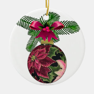 Rond En Céramique Retro les années 50 Poinsettia Ornement Bourgogne