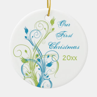 Rond En Céramique Vert Bleu Blanc "Notre premier Noël" Ornement