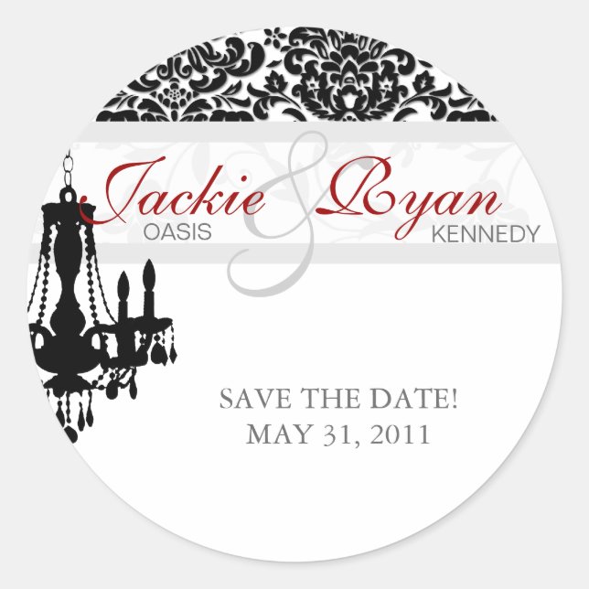 Rond Enregistrer la date Sticker Chandelier BW Damask (Devant)