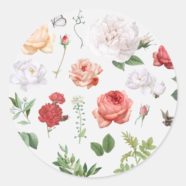 ROND ENVELOPE SEAL STICKER : ROSES BOTANIQUES VINTAGES (Devant)