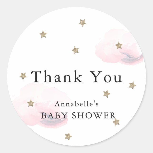 Rond Étoiles et nuages roses Sticker Baby shower Merci (Devant)