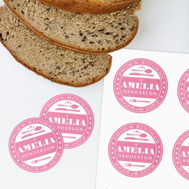 Rond Fabriqué avec Amour Alimentation Sticker cadeau Kr (pink custom homemade treats gift sticker from the kitchen and made with love)