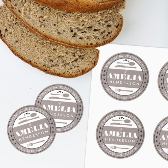 Rond Fabriqué avec Amour Aliments Cadeau Sticker gris k (custom homemade treats gift sticker from the kitchen and made with love)