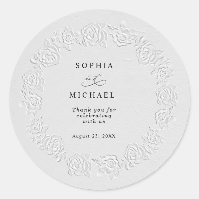 Rond Faux Embossed White Roses Wedding Sticker (Devant)