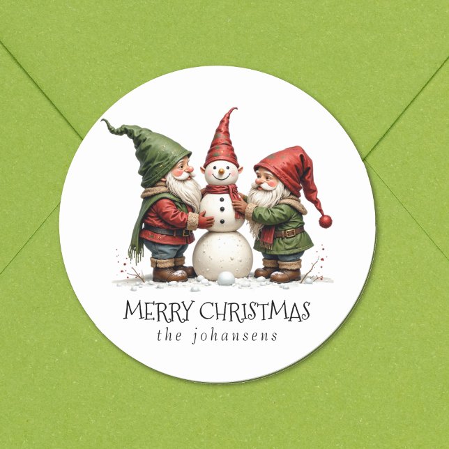 Rond Festive Gnomes Snowman Merry Christmas Sticker (Merry Christmas! Gnomes building a snowman. Personalize.)