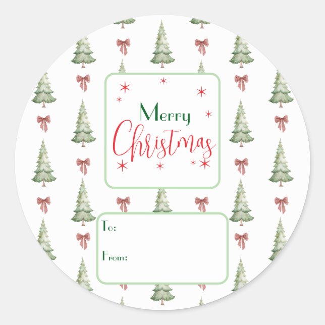 Rond Festive Red Green Script Tree Bow To From Sticker (Devant)