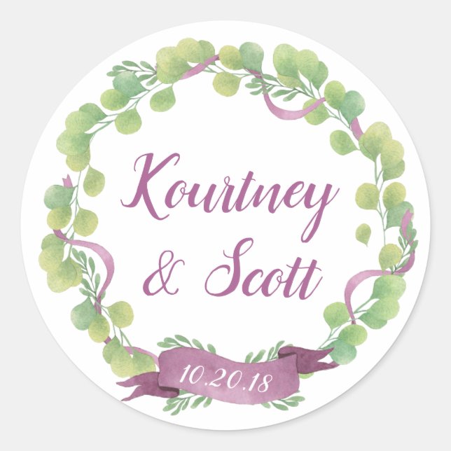 Rond Feuilles d'aquarelle violet et vert - Sticker (Devant)
