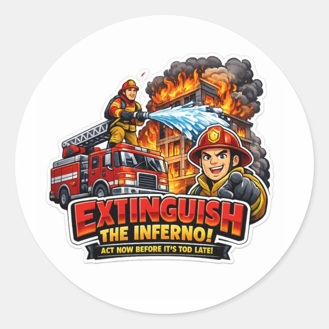 Rond Firefighter Extinguish The Inferno Cartoon Sticker (Devant)
