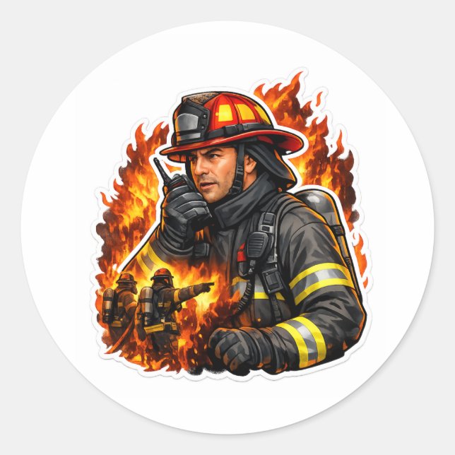 Rond Firefighter Hero Sticker – Brave Fireman Flame Art (Devant)