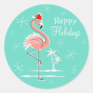 Rond Flamant rose de Noël Happy Holidays sticker round