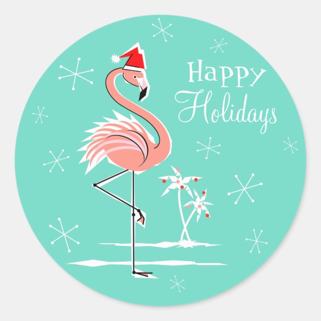 Rond Flamant rose de Noël Happy Holidays sticker round (Devant)