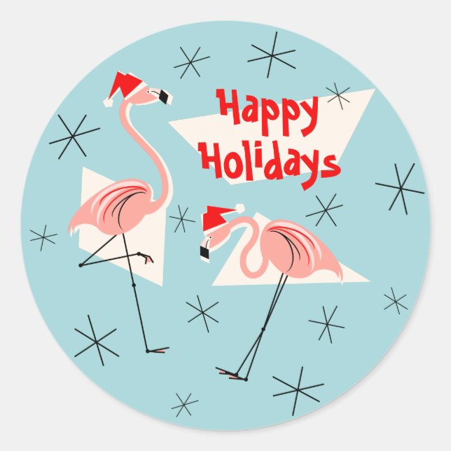 Rond Flamant rose Santas Blue Happy Holidays sticker ro (Devant)